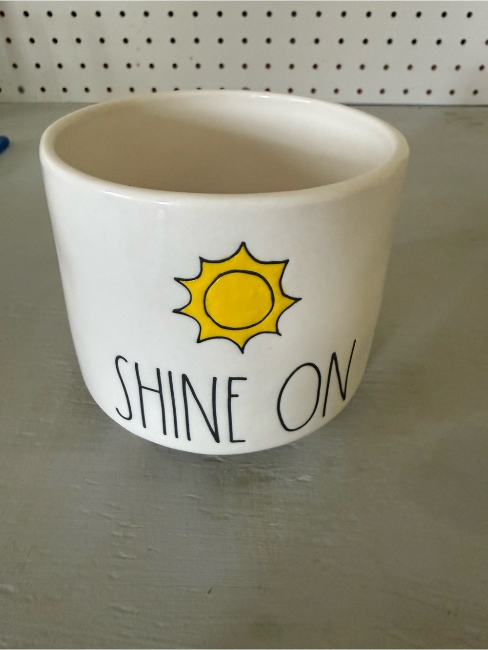 Rae Dunn White Ceramic Planter with Black Lettering and Yellow Accent